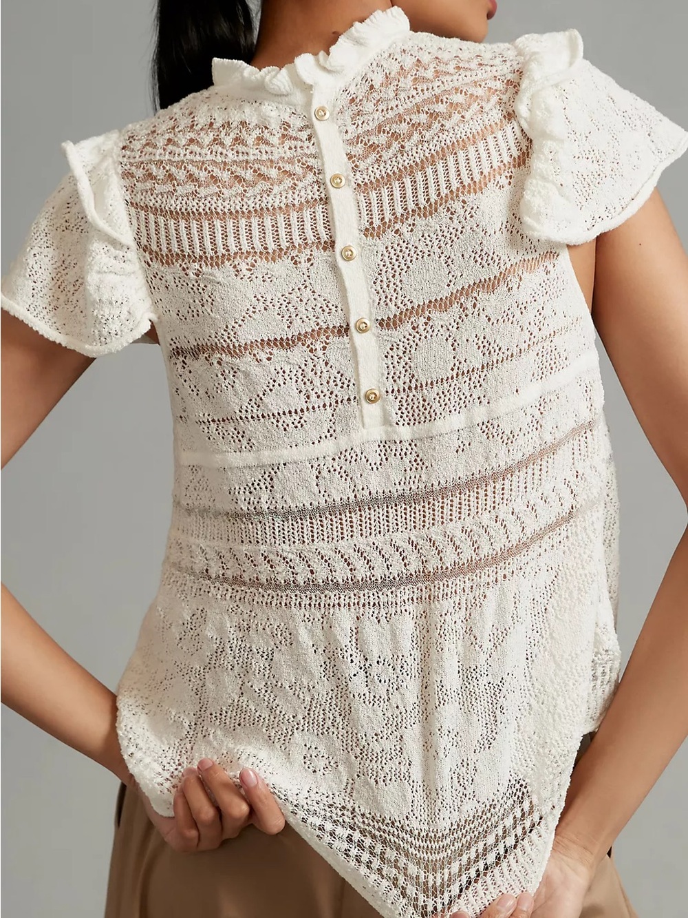 Anthropologie Lace Sweater Tee with Ruffle Sleeves Sz Small Petite - Picture 4 of 13